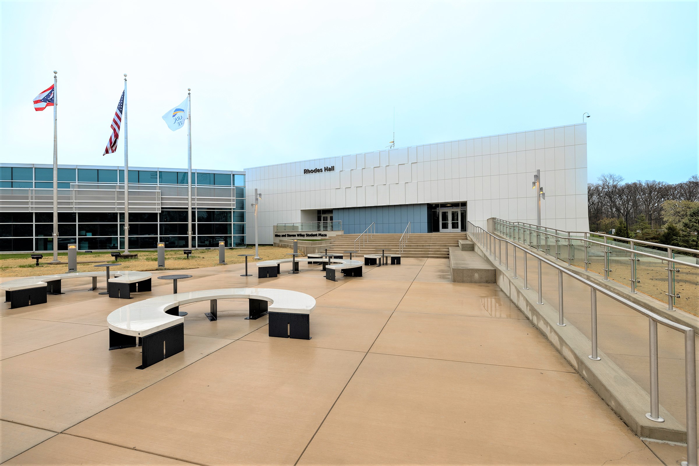 Nina and Steven Wiley Student Plaza area with benches, tables and f