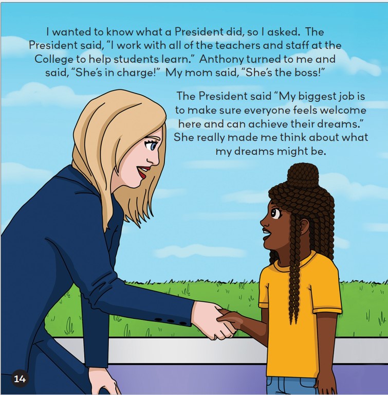 Animated children's book artwork with woman shaking hands with child.