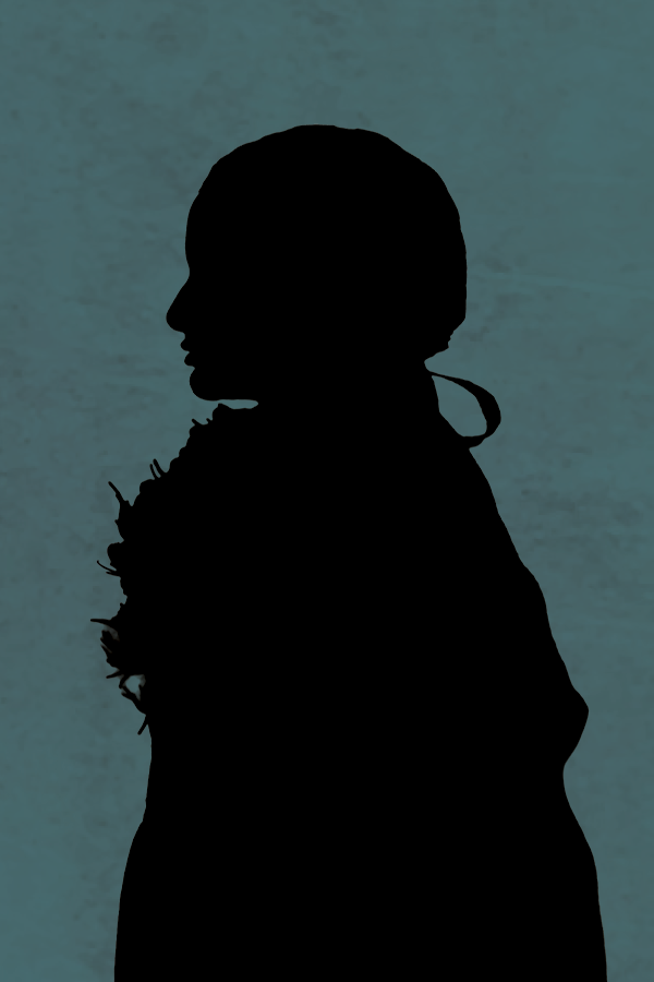 Silhouette of female with dark green background.