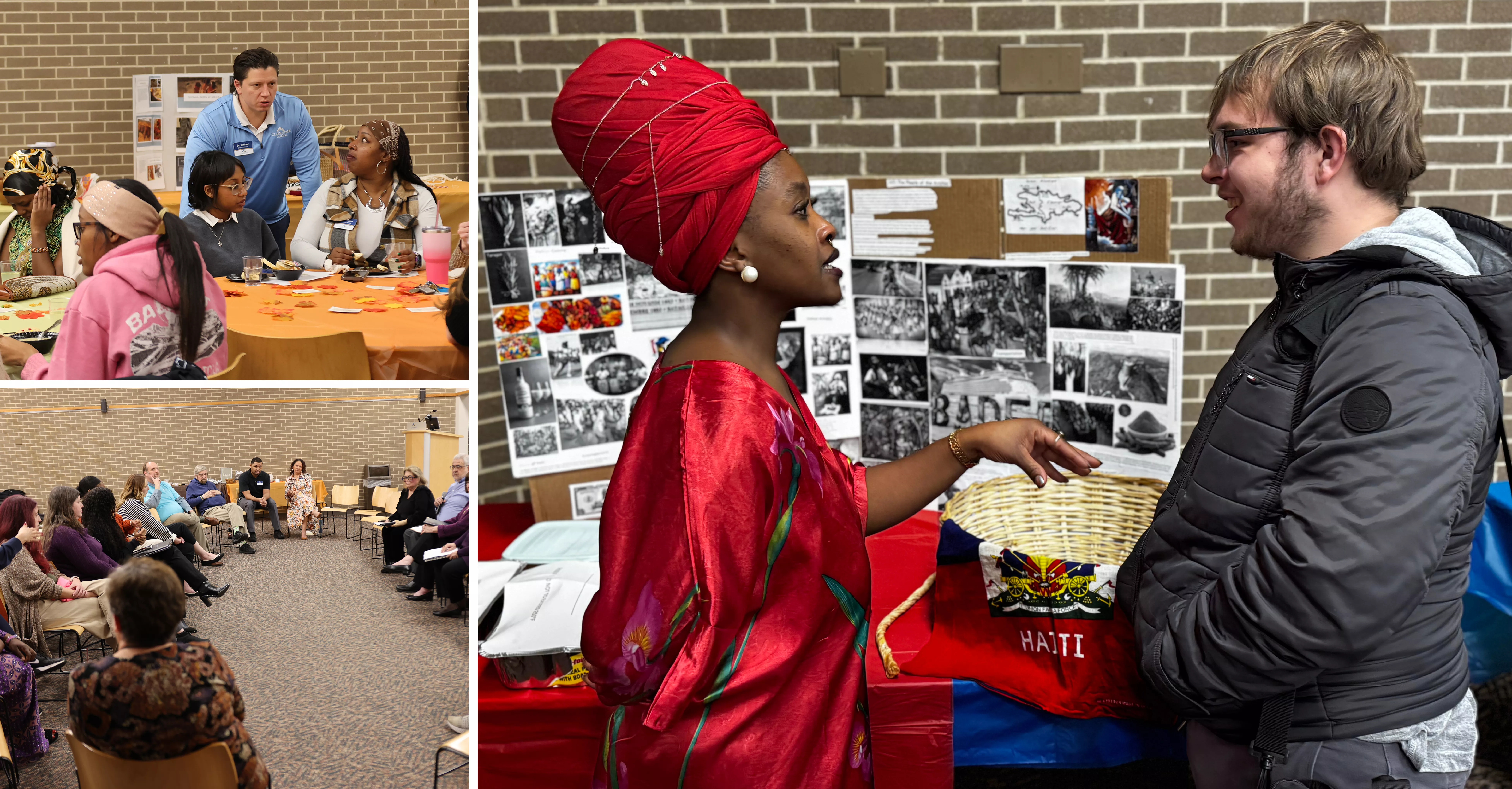 African American woman wearing red turban and robe talking with white male with beard