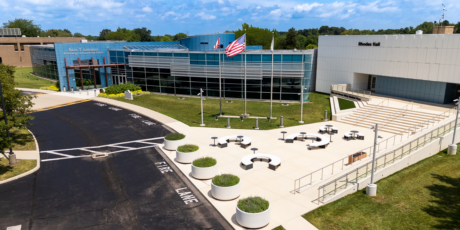 Aerial image of Springfield Main Campus TLC and Rhodes Hall buildings.