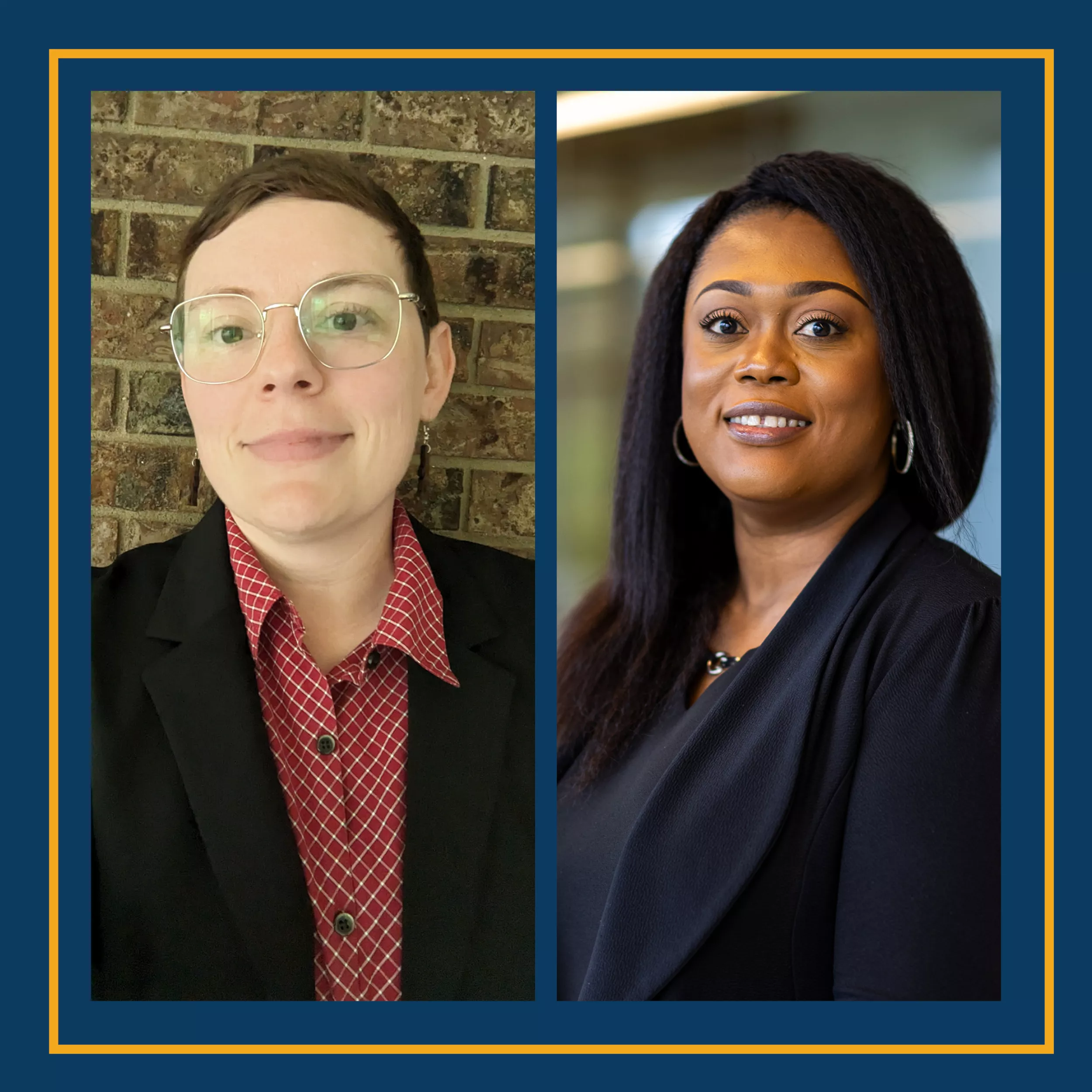 Two women, left white female with red shirt, right African American female with navy shirt
