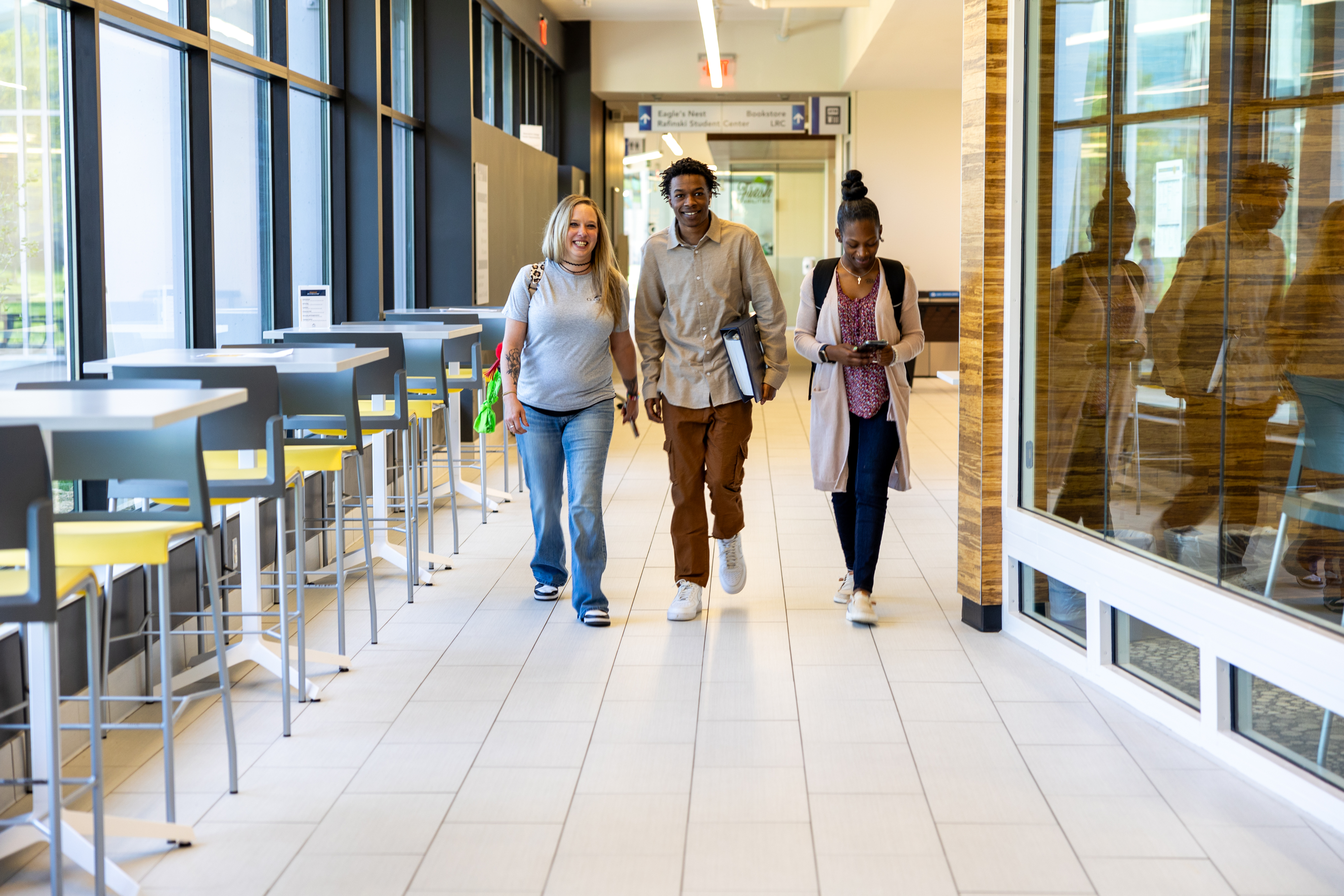 Students walking down a hallway