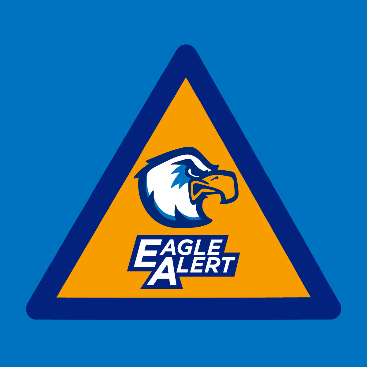 Eagle Alert graphic with eagle head on yellow triangle on blue background