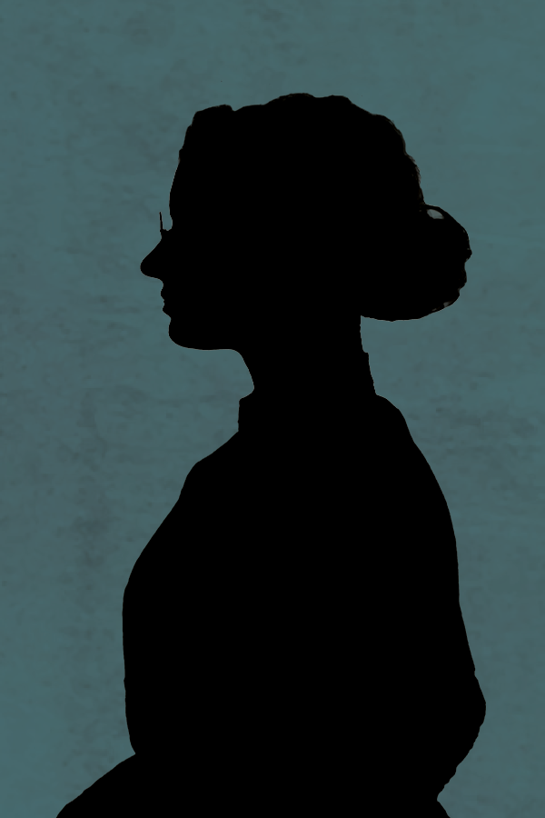 Silhouette of female with dark green background.