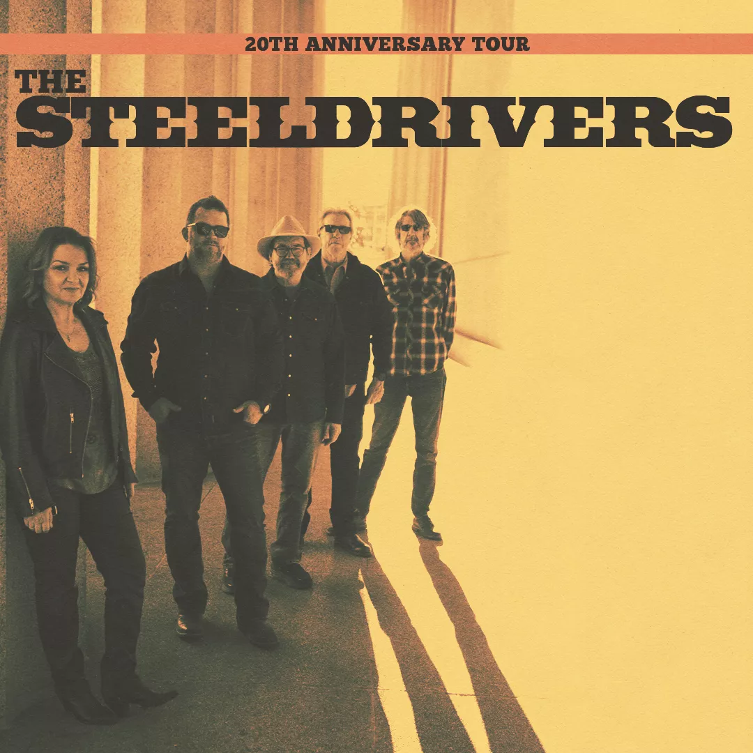 Sepia toned image of five SteelDrivers band members with 20th Anniversary Tour Banner at top.
