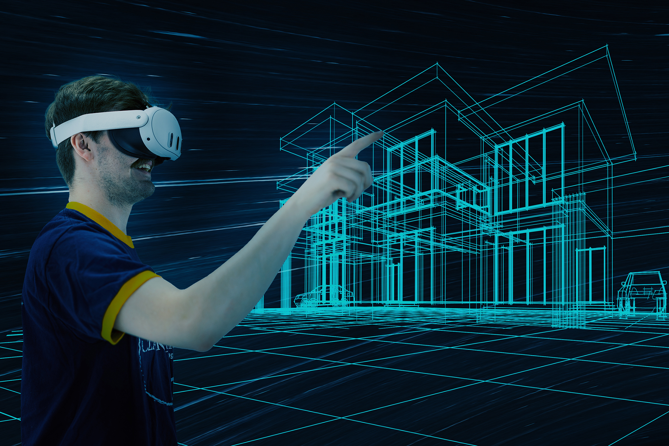 Student wearing VR goggles.