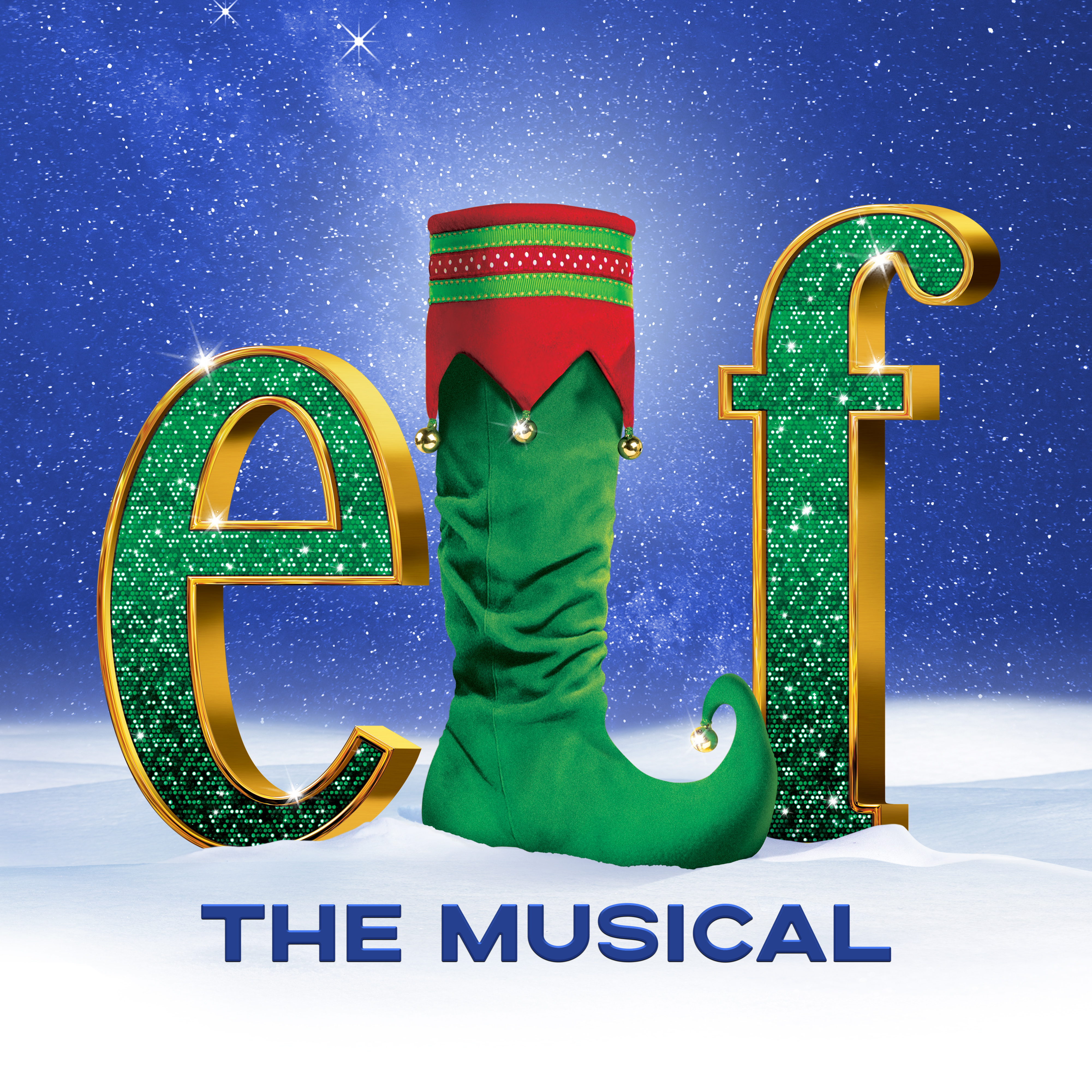 Elf the Musical logo on snow with sparkling green letters and an elf shoe as the letter L.
