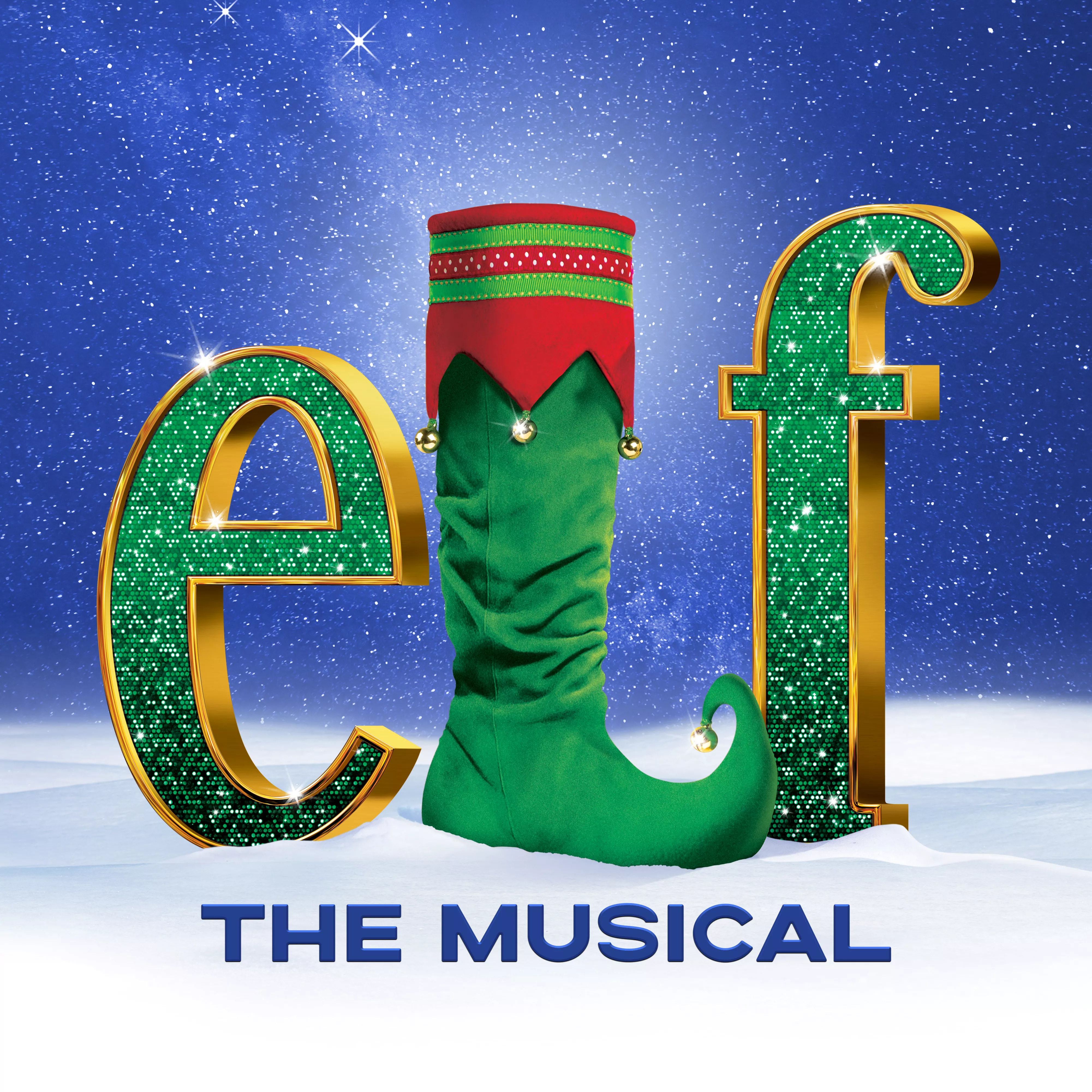 Elf the Musical logo on snow  with sparkling green letters and an elf shoe as the letter L.