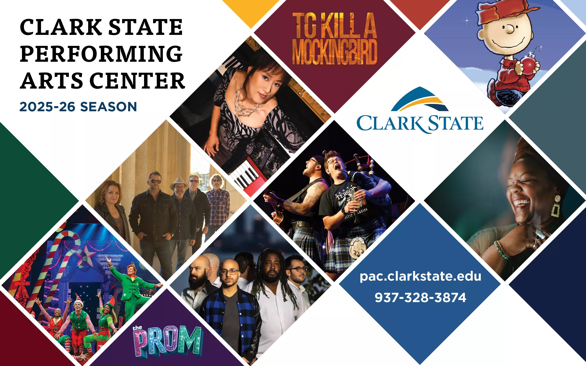 Multiple show images of artists in diamond shapes with blue, green, red, yellow accents.