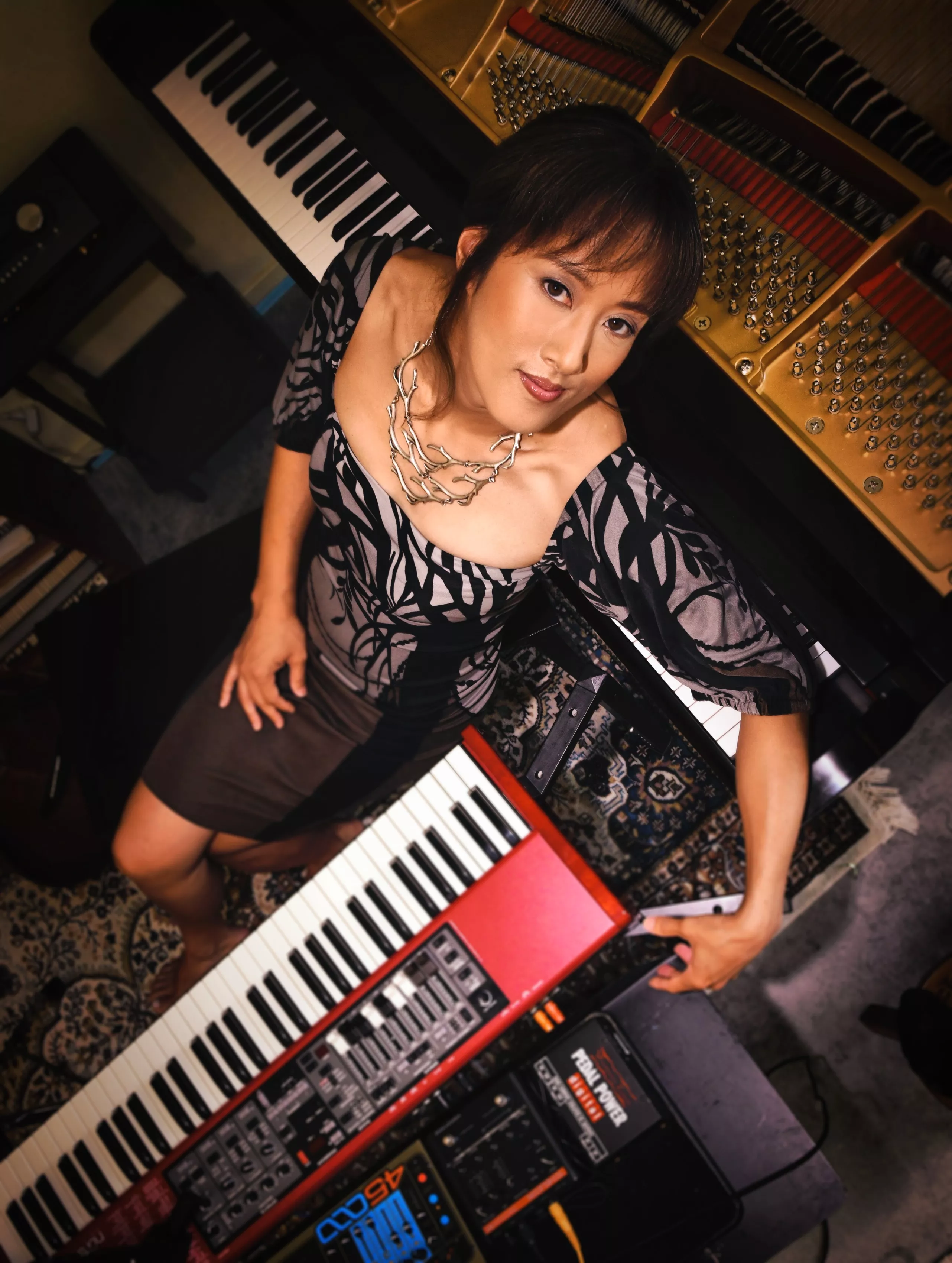 Vienna Teng - woman with dark hair sitting with two keyboards